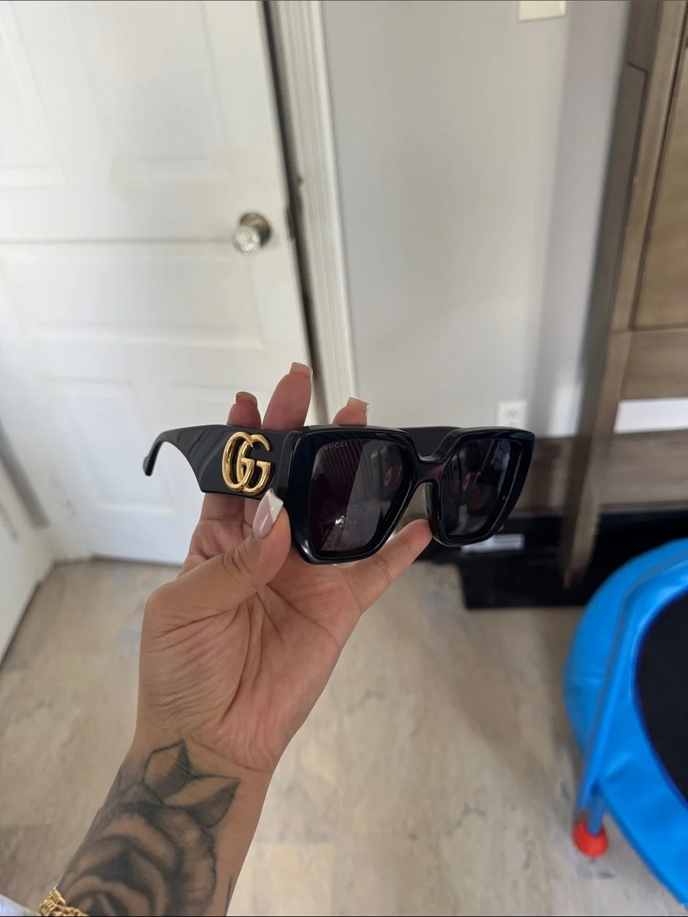 Gucci Black Oversized Square Sunglasses with Gold GG Accent